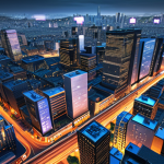 **

Open-source software interfaces (like WordPress, Python code) overlaid on a cityscape. Focus on data flowing and connecting various elements of the city.

**